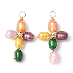 Light Gold Dyed Natural Cultured Freshwater Pearl Pendants, Eco-Friendly Copper Wire Wrapped Cross Charms, Colorful, Light Gold, 32~33x18~19x7mm, Hole: 3.2mm