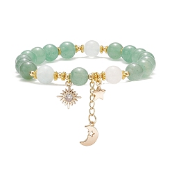 Aventurine Verte Bracelets en perles d'aventurine verte naturelle et de quartz imitation morganite, bracelet pendentif étoile & lune & soleil en laiton pour femme, diamètre intérieur: 2-1/8 pouce (5.4 cm)