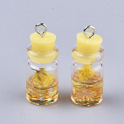 Yellow Glass Bottle Pendant Decorations, with Resin Rhinestone & Stopper, Dried Flower and Iron Findings, Platinum, Yellow, 26~27x9.5~10mm, Hole: 1.8mm