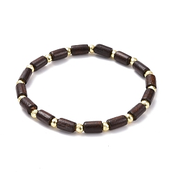 Coconut Brown Natural Wood Tube Beads Stretch Bracelet, Non-magnetic Synthetic Hematite Round Beads Stone Bracelet for Men Women, Golden, Coconut Brown, Inner Diameter: 2-1/4 inch(5.8cm)
