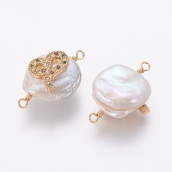 Leo Natural Pearl Links connectors, with Brass Micro Pave Cubic Zirconia Findings, Flat Round with Constellation, Golden, Colorful, Leo, 20~26x9~17x5~11mm, Hole: 1.6mm
