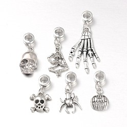 Antique Silver Halloween Tibetan Style Alloy European Dangle Charms, Mixed Shapes, Antique Silver, 26~47mm, Hole: 5mm
