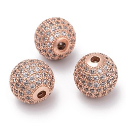 Розовое Золото Латунные шарики циркония кубической, круглые, розовое золото , 12 мм, отверстие : 2 мм