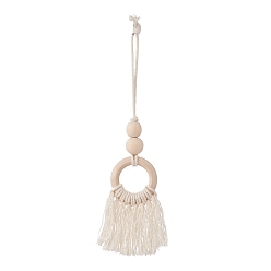 Ivoire Décoration de pendentif de gland de perle de bois naturel, ornement suspendu en cordon de coton macramé, blanc crème, 215mm
