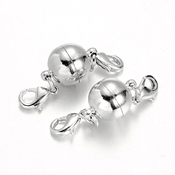 Silver Eco-Friendly Round Brass Magnetic Clasps Converter, with Lobster Claw Clasps, Lead Free & Nickel Free, Silver Color Plated, 15x10mm