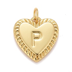 Letter P Rack Plating Real 18K Gold Plated Brass Pendants, with Jump Rings, Long-Lasting Plated, Lead Free & Cadmium Free & Nickel Free, Heart with Letter A~Z, Letter.P, 16x15x2.5mm, Jump Ring: 5x0.5mm, 3mm Inner Diameter