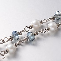 Light Steel Blue Handmade Faceted Rondelle Glass Beads Chains for Necklaces Bracelets Making, with Glass Pearl Beads, Iron Spacer Beads and Iron Eye Pin, Unwelded, Platinum, Light Steel Blue, 39.3 inch, about 60pcs/strand