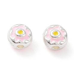 Silver Alloy Enamel Beads, Lead Free & Cadmium Free, Flat Round with Flower, Silver, 4.5x3.5mm, Hole: 1.2mm