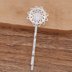 Silver Iron Hair Bobby Pin Findings, with Brass Filigree Flower Cabochon Bezel Settings, Silver, Flower: 20mm