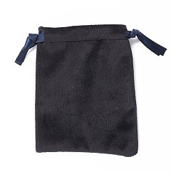 Black Velvet Jewelry Drawstring Bags, with Satin Ribbon, Rectangle, Black, 10x8x0.3cm