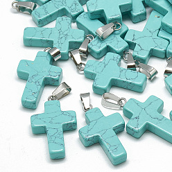 Synthetic Turquoise Dyed Synthetic Turquoise Pendants, with Stainless Steel Snap On Bails, Cross, 29~30x18~19x5~6mm, Hole: 6x4mm