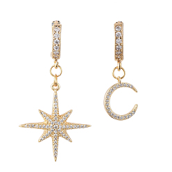 Real 18K Gold Plated Star and Moon Asymmetrical Dangle Hoop Earrings, with Brass Cubic Zirconia Charms & Earring Hoops and Jewelry Box, Real 18K Gold Plated, 30mm and 40mm, Pin: 0.8mm, 2pcs/set