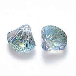 Turquoise Moyen Perles de verre peintes par pulvérisation transparent, perles percées, de couleur plaquée ab , forme de pétoncle, turquoise moyen, 10x10.5x6mm, Trou: 1mm