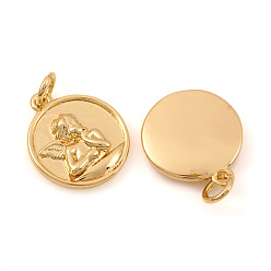 Real 18K Gold Plated Brass Pendants, with Jump Rings, Flat Round with Angel, Real 18K Gold Plated, 16.5x14x3mm, Hole: 3mm