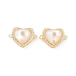 Real 18K Gold Plated Natural Shell Connector Charms, Heart Links, with Brass Clear Cubic Zirconia Findings, Real 18K Gold Plated, 10x14x6.5mm, Hole: 1mm