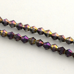 Púrpura Abalorios de vidrio electrochapdo, arco iris chapado, bicono facetados, púrpura, 4x4.5 mm, agujero: 1 mm, sobre 92~96 unidades / cadena, 13.78~14.37 pulgada