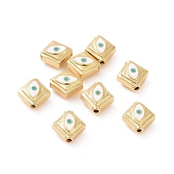 White Brass Enamel Beads, Rhombus with Evil Eye, Golden, White, 8.5x8x4mm, Hole: 1mm