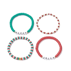 Mixed Color 4Pcs 4 Style Polymer Clay Heishi Surfer Stretch Bracelets Set, Acrylic Word Preppy Bracelets for Christmas, Mixed Color, Inner Diameter: 2-1/8 inch(5.5cm), 1Pc/style