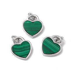 Malachite Natural Malachite Heart Charms, with Rack Plating Platinum Tone Brass Findings, Cadmium Free & Lead Free, 14x12x2mm, Hole: 3mm