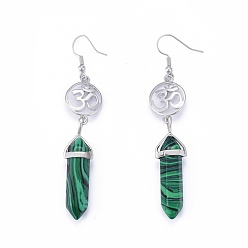 Malachite Pointed Bullet Synthetic Malachite Dangle Earrings, with Brass Earring Hooks and Flat Round with Aum/Om Symbol Links, Yoga Theme, Platinum, 78mm, Pin: 0.7mm