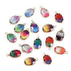 Mixed Color Gradient Color Glass Pendants, with Brass Prong Settings, Faceted, Oval, Light Gold, Mixed Color, 19x11x5.5mm, Hole: 1.6mm