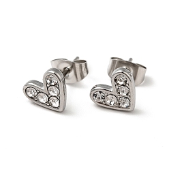 Crystal Heart 304 Stainless Steel Rhinestone Stud Earrings, 316 Surgical Stainless Steel Pin Ear Studs, with Ear Nuts, Stainless Steel Color, Crystal, 7x8.5mm, Pin: 0.7mm