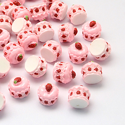 Pink Strawberry Cake Resin Decoden Cabochons, with Random Color Bottom, Imitation Food, 16x15mm, Pink, 16x15mm