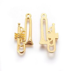 Golden Alloy Pendants, Trumpet, Golden, Lead Free & Cadmium Free & Nickel Free, about 35mm long, 15mm wide, 3.5mm thick, hole: 2mm
