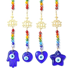 Mixed Shapes Evil Eye Lampwork Beaded Pendant Decorations, with 201 Stainless Steel Lotus Hanging Ornaments, Star/Heart/Flat Round/Hamsa Hand, 275~295mm