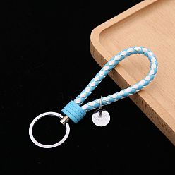 Light Sky Blue PU Leather Knitting Keychains, Wristlet Keychains, with Platinum Tone Plated Alloy Key Rings, Light Sky Blue, 12.5x3.2cm