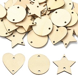 Blanched Almond 30Pcs 3 Styles Undyed Unfinished Wood Connector Charms, Flat Round & Heart & Star Links, Blanched Almond, 29.5~30x30~31x2.5mm, Hole: 2~2.5mm, 10pcs/style