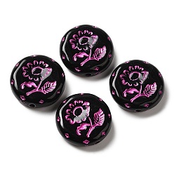 Black Opaque Acrylic Beads, Flat Round with Flower, Black, 18x5.5mm, Hole: 1.6mm, about: 399pcs/500g