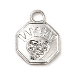 Stainless Steel Color Ion Plating(IP) 304 Stainless Steel Pendant Rhinestone Settings, Hexagon with Heart, Stainless Steel Color, Fit for 1mm Rhinestone, 16.5x12.5x2mm, Hole: 3mm