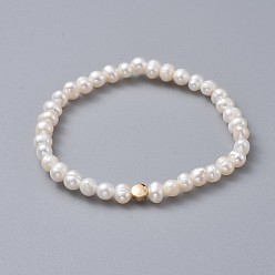 White Stretch Bracelets, with Brass Beads, Grade A Natural Freshwater Pearl Beads and Burlap Packing Pouches Drawstring Bags, Flat Round, White, 2-1/8 inch(5.4cm)