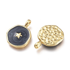 Noir Laiton émail pendentifs, plat rond avec motif étoiles, or, noir, 18x14x2.5mm, Trou: 3.5x2mm