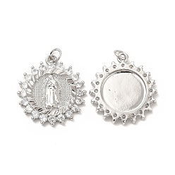 Platinum Brass Micro Pave Cubic Zirconia Pendants, with Jump Ring, Flower with Religion Virgin Mary Charm, Platinum, 25.5x23x3mm, Hole: 3.3mm