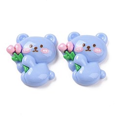 Bear Opaque Resin Cabochons, Animal with Flower, Light Sky Blue, Bear Pattern, 29x24.5x7.5mm