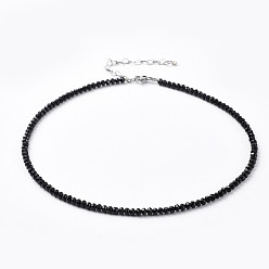 Black Faceted Rondelle Glass Beaded Necklaces, with Brass Crimp Beads, Stainless Steel Heart Link Chain Extender and Lobster Claw Clasps, Black, 14.37 inch(36.5cm)