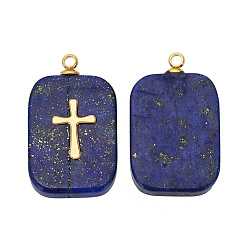 Lapis Lazuli Naturelles lapis-lazuli pendentifs, breloques rectangle avec tranche de croix en acier inoxydable doré, 21.5x13mm, Trou: 1.5mm