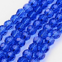Blue Transparent Glass Bead Strands, Imitate Austrian Crystal, Faceted, Round, Blue, 4mm, Hole: 1mm, about 96~100pcs/strand, 14~14.5 inch