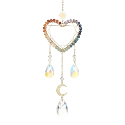 Heart Wire Wrapped Chakra Gemstone & Brass Pendant Decorations, with Glass Charm, For Home Decorations, Heart, 301mm