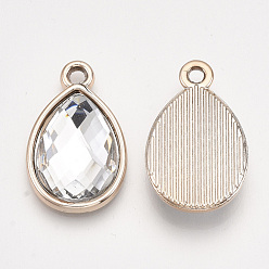 Clear UV Plating Acrylic Pendants, with Acrylic Rhinestone, Faceted, Teardrop, Light Gold, Clear, 25x16x4.5mm, Hole: 2mm