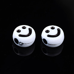 White Opaque Acrylic Beads, Flat Round with Smiling Face, White, 7x4mm, Hole: 1.8mm, about 3677pcs/500g