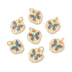 Real 18K Gold Plated Rack Plating Brass Enamel Pendants, with Jump Rings, Cadmium Free & Lead Free & Nickle Free, Nuggets with Butterfly, Real 18K Gold Plated, 12.5x11x1.5mm, Hole: 3.4mm