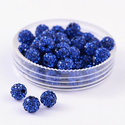 Sapphire Pave Disco Ball Beads, Polymer Clay Rhinestone Beads, Grade A, Sapphire, PP15(2.1~2.2mm), 14mm, Hole: 2mm