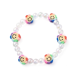 Colorful Handmade Polymer Clay Beads Stretch Bracelets for Kids, with Eco-Friendly Transparent Acrylic Beads, Flower, Colorful, Inner Diameter: 1-7/8 inch(4.8cm)
