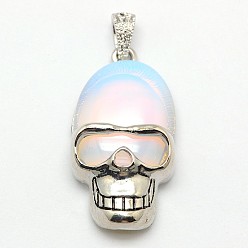 Opalite Personalized Retro Halloween Skull Jewelry Bezel Opalite Pendants, with Antique Silver Plated Alloy Findings, 43x23x12mm, Hole: 5x4mm