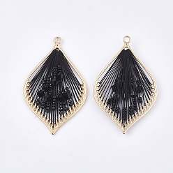 Black Polyester Thread Woven Big Pendants, with Glass and Golden Plated Alloy Findings, Long-Lasting Plated, Leaf, Black, 55.5x34x4mm, Hole: 2mm