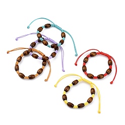Mixed Color Adjustable Korean Waxed Polyester Cord Kid Braided Beads Bracelets, with Spray Painted Natural Maple Wood Barrel Beads, Mixed Color, Inner Diameter: 1-5/8~3-1/8 inch(4.1~8cm)