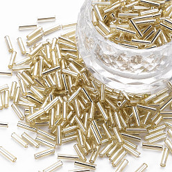 Pale Goldenrod Plated Glass Bugle Beads, Metallic Colours, Pale Goldenrod, 6x2mm, Hole: 1mm, about 10000pcs/Pound